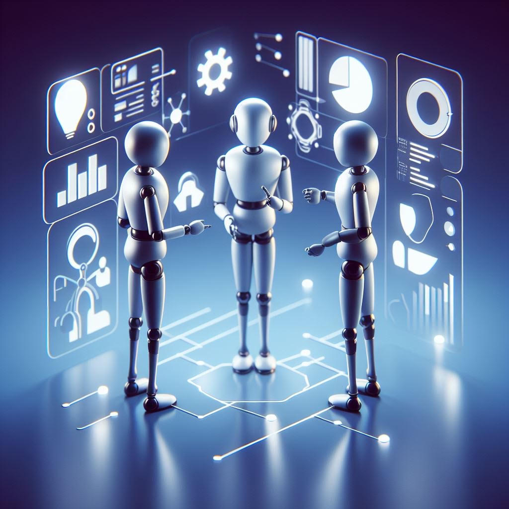 Virtual AI Workforce - Three AI robots working with holographic data interfaces