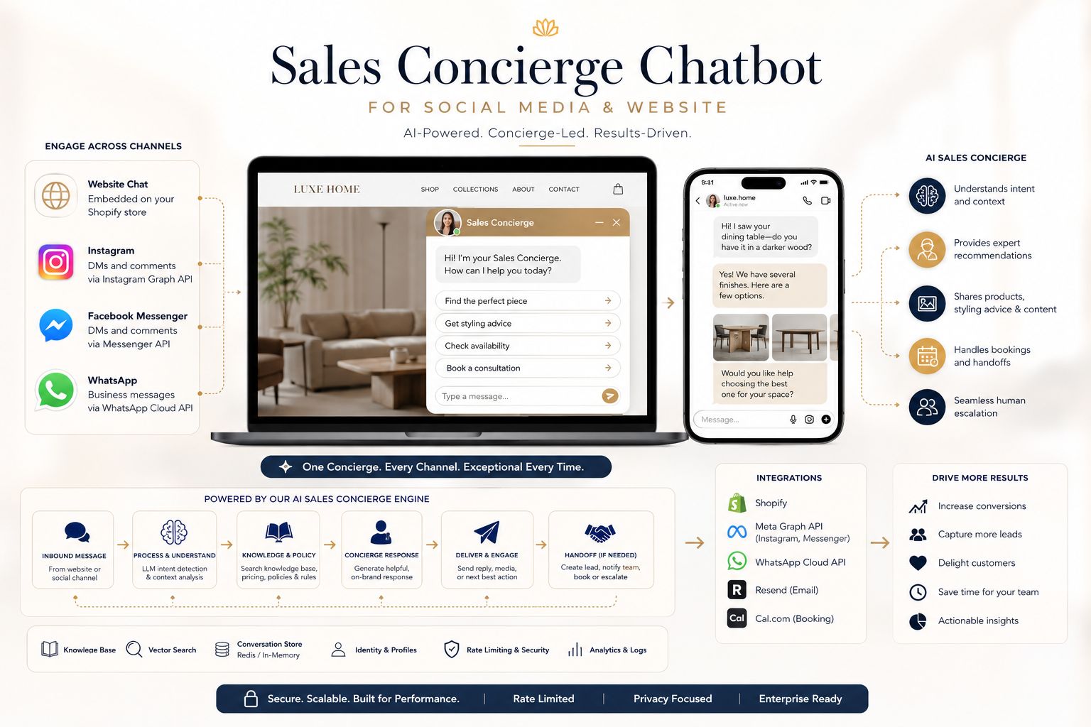 Sales Concierge Chatbot overview for social media and website channels, showing concierge workflow, integrations and conversion-focused automation.